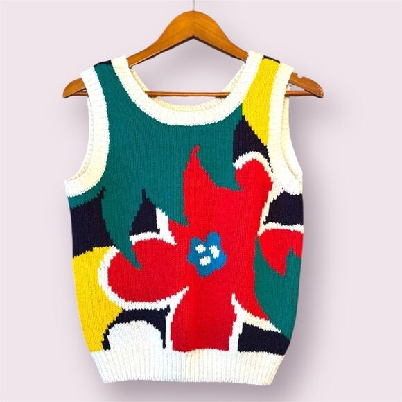 COLTER BAY INTERNATIONAL Vintage 80s Bright Floral Knit Sweater Vest - Picture 1 of 8